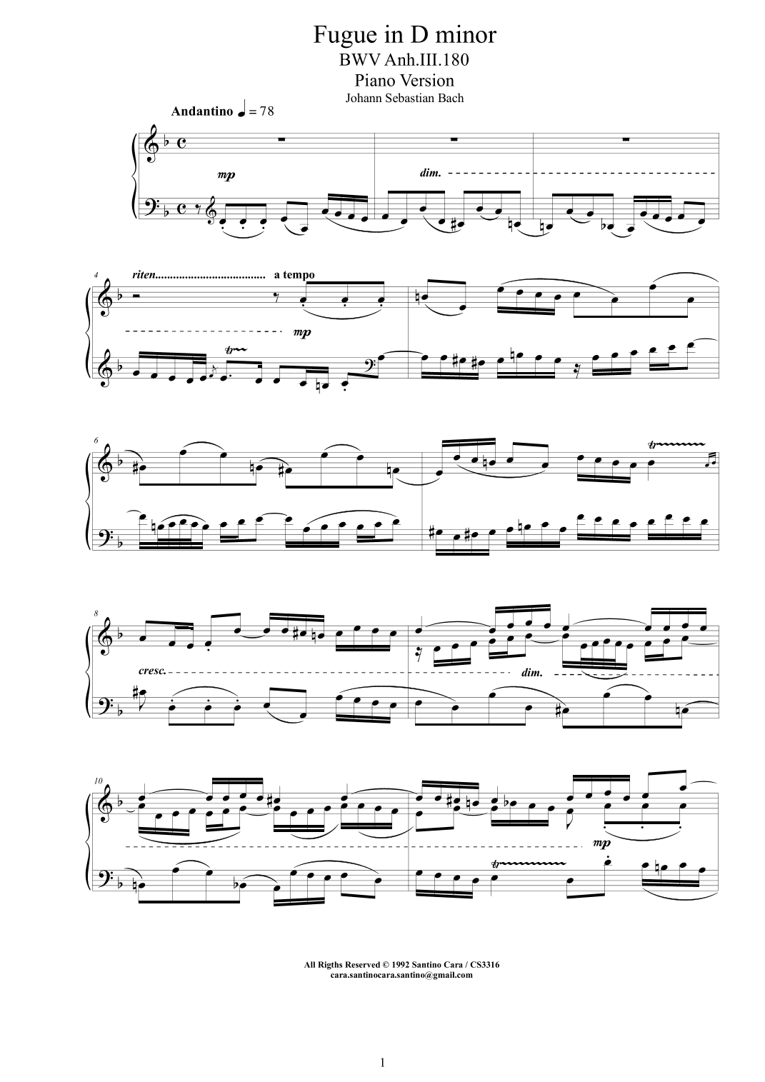 Bach - Fugue in D minor BWV Anh.III.180 - Piano version (arr. Santino Cara)