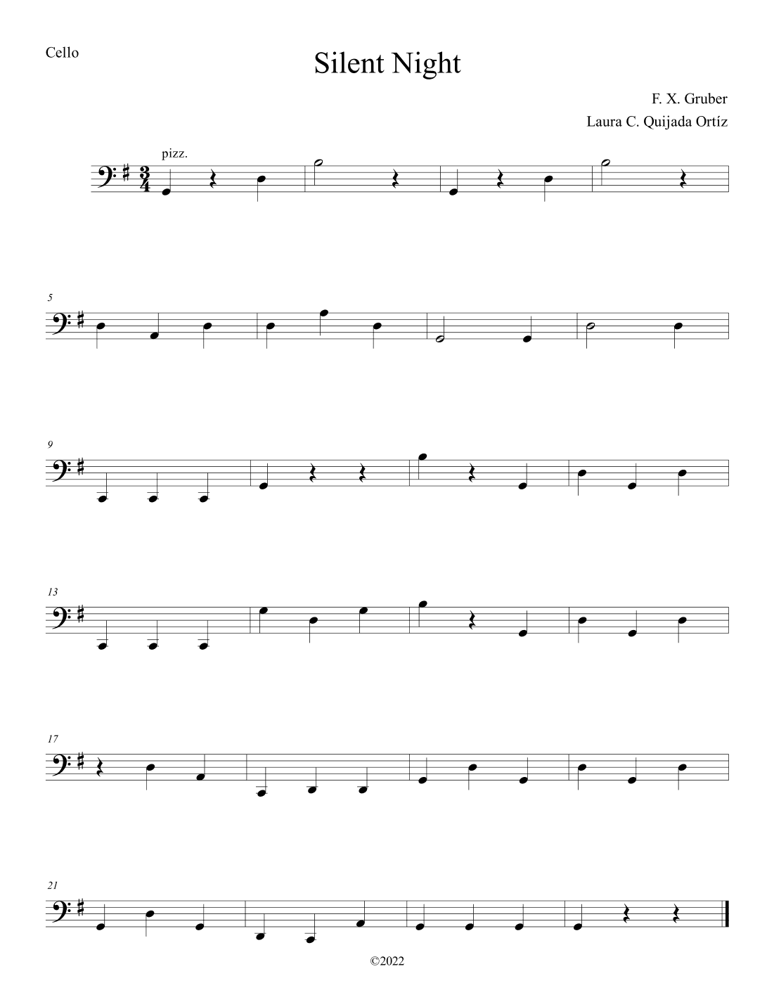 Silent Night. Easy. Open strings and first finger. Score & parts (arr. Laura C. Quijada Ortíz)