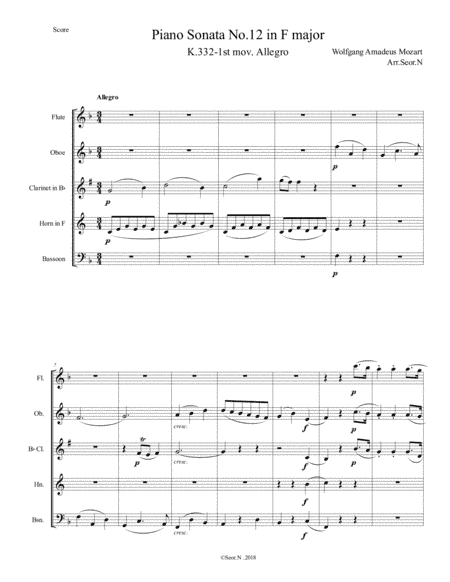 Mozart Piano Sonata No.12 in F major K.332-1st mov for Woodwind Quintet