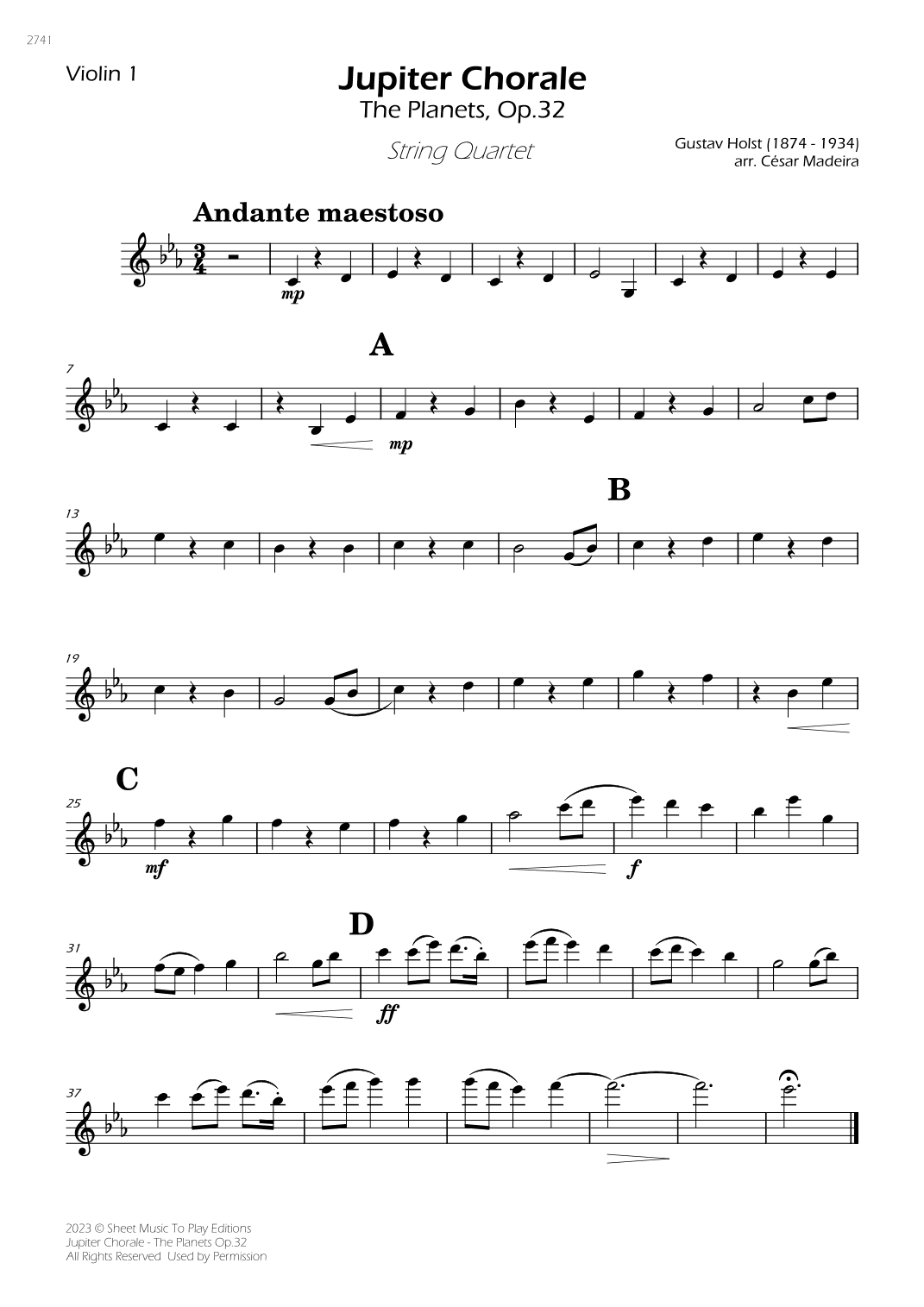 Jupiter Chorale from The Planets - String Quartet (Individual Parts) (arr. César Madeira)