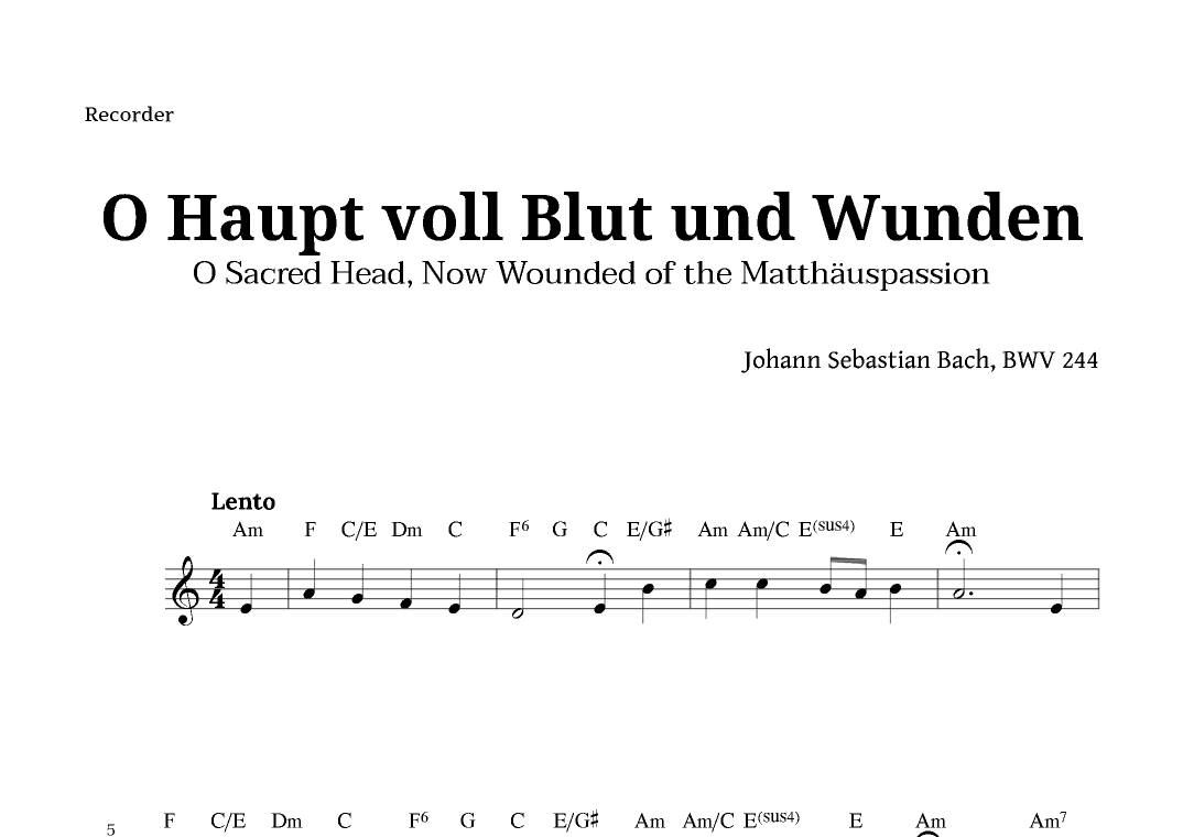 Sacred Head, Now Wounded by Bach for Recorder with Chords (arr. Langanho)