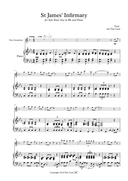 St James' Infirmary. for Tenor Saxophone and Piano (arr. Curd.)