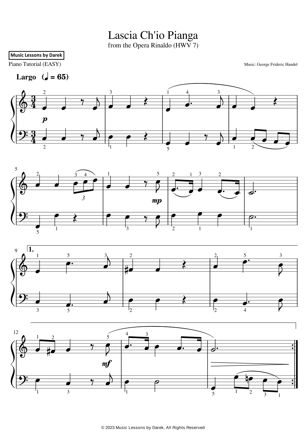 Lascia Ch'io Pianga (EASY PIANO) from the Opera Rinaldo (HWV 7) [George Frideric Handel] (arr. Darek)