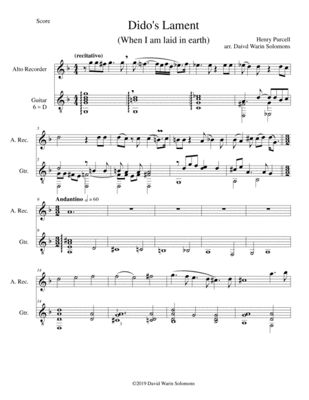 Dido's Lament - When I am laid in earth - arranged for alto recorder and guitar (arr. David Warin Solomons)