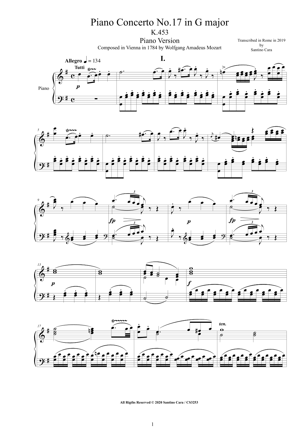 Mozart - Piano Concerto No.17 in G major K.453 - Piano Version (arr. Santino Cara)