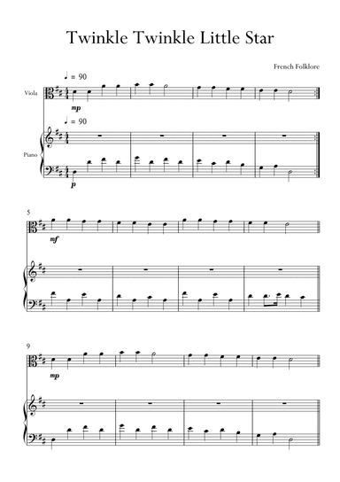Twinkle Twinkle Little Star for Viola and Piano in D Major. Very Easy. (arr. Matheus Araújo)