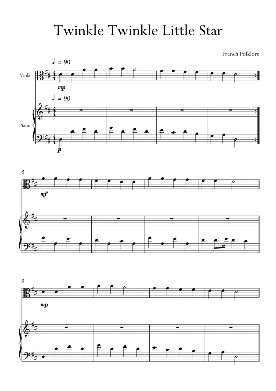 Twinkle Twinkle Little Star for Viola and Piano in D Major. Very Easy. (arr. Matheus Araújo)