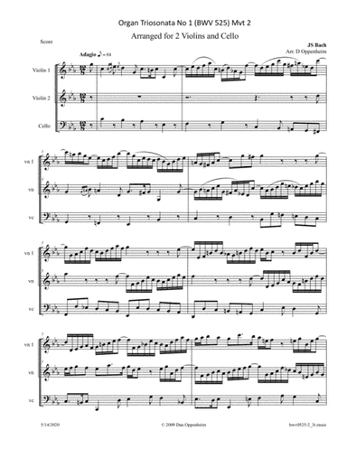 Bach: Organ Triosonata No 1 (BWV 525) Mvt 2 arr. for 2 Violins and Cello (arr. D Oppenheim)