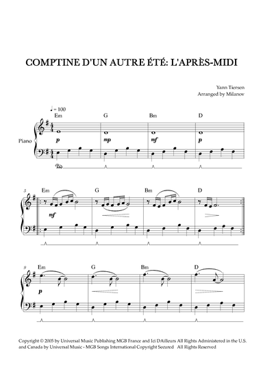 Comptine D'un Autre Été: L'après-midi (arr. Milanov)