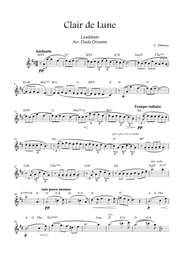Clair de Lune  ( Leadsheet - D major ) (arr. Duda Oriontte)
