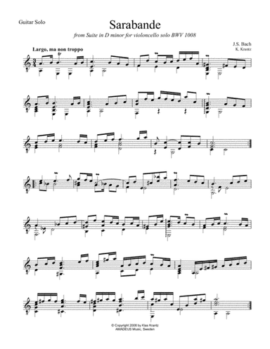 Sarabande (iv) from suite No. 2 BWV 1008 for for guitar solo (arr. K. Krantz)