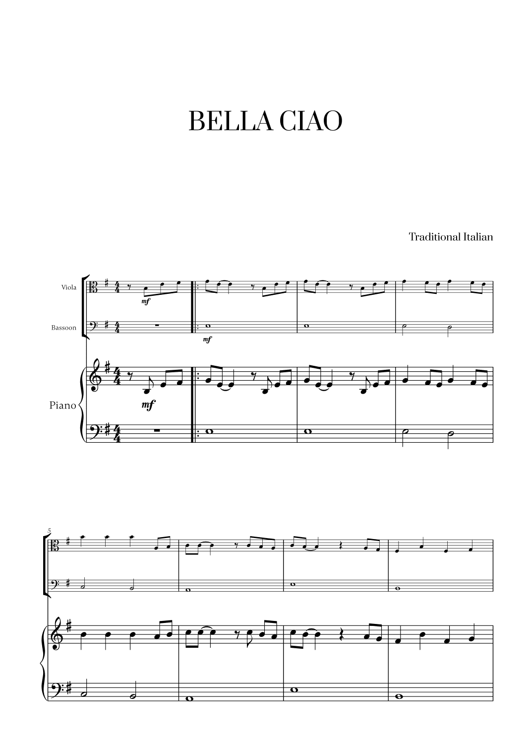 Bella Ciao for Viola, Bassoon and Piano (arr. Cadenza Editions)
