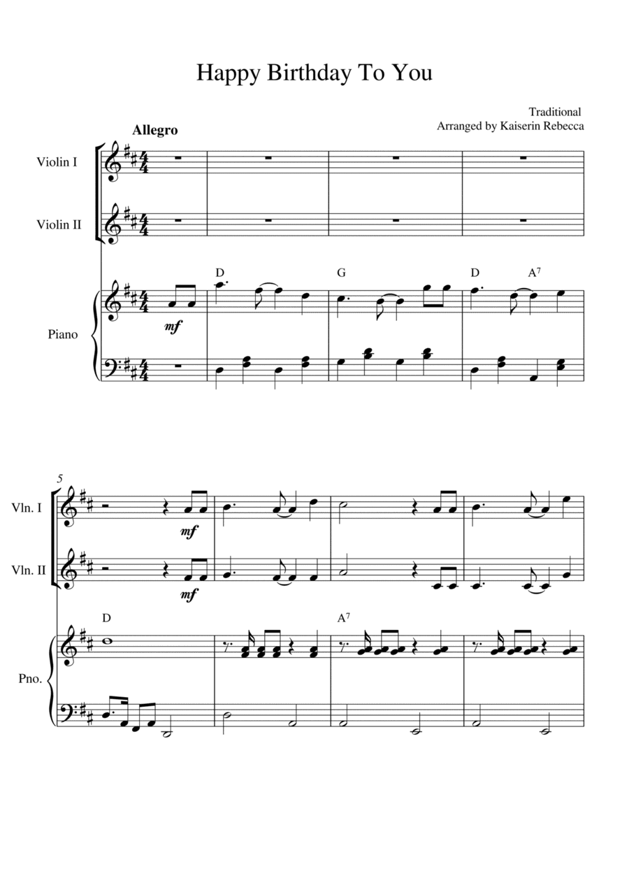 Happy Birthday To You (for violin duet and piano accompaniment) (arr. Kaiserin Rebecca)
