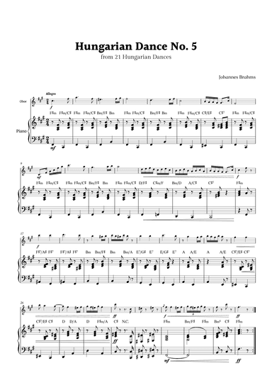Hungarian Dance No. 5 by Brahms for Oboe and Piano with Chord (arr. Rika K.)