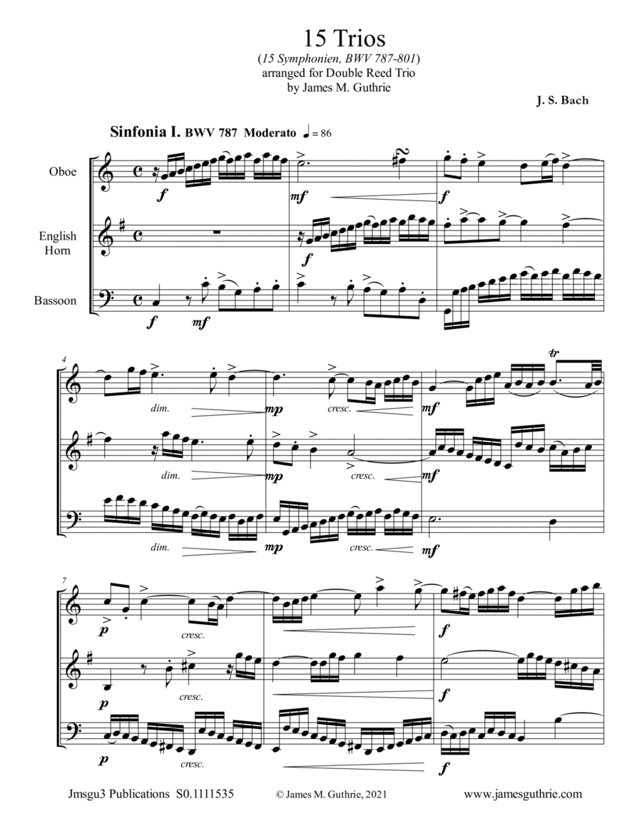 BACH: 15 Trios BWV 787-801 for Double Reed Trio (arr. James M. Guthrie)