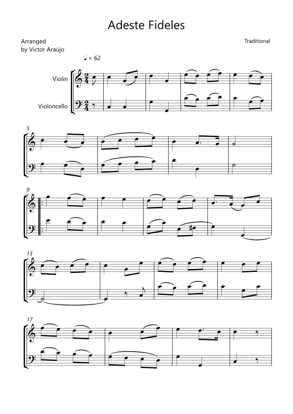 Adeste Fideles Violin and Cello W Slurs (arr. Arezzo Music)