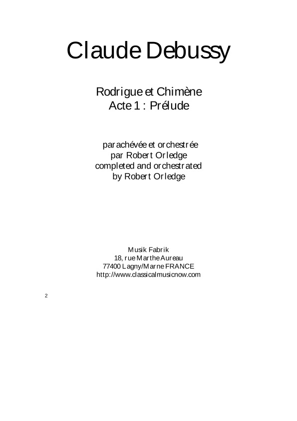 Rodrigue et Chimène : Acte 1 - Prélude - Score Only