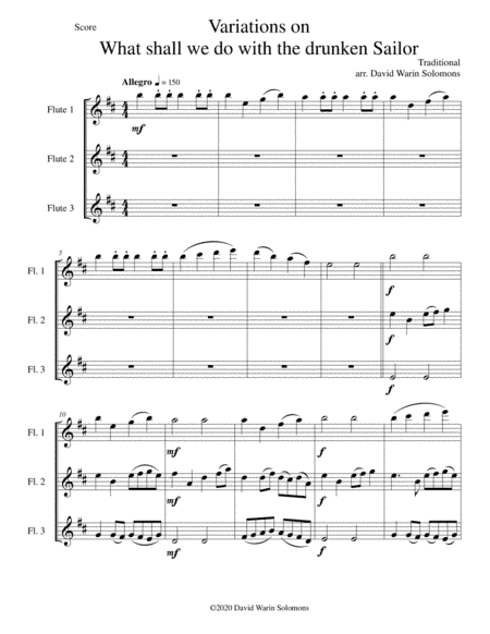 Variations on What shall we do with the drunken sailor for flute trio (3 C flutes) (arr. David Warin Solomons)