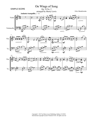 ON WINGS OF SONG - String Duo, Intermediate Level for violin and cello (arr. Sherry Lewis)