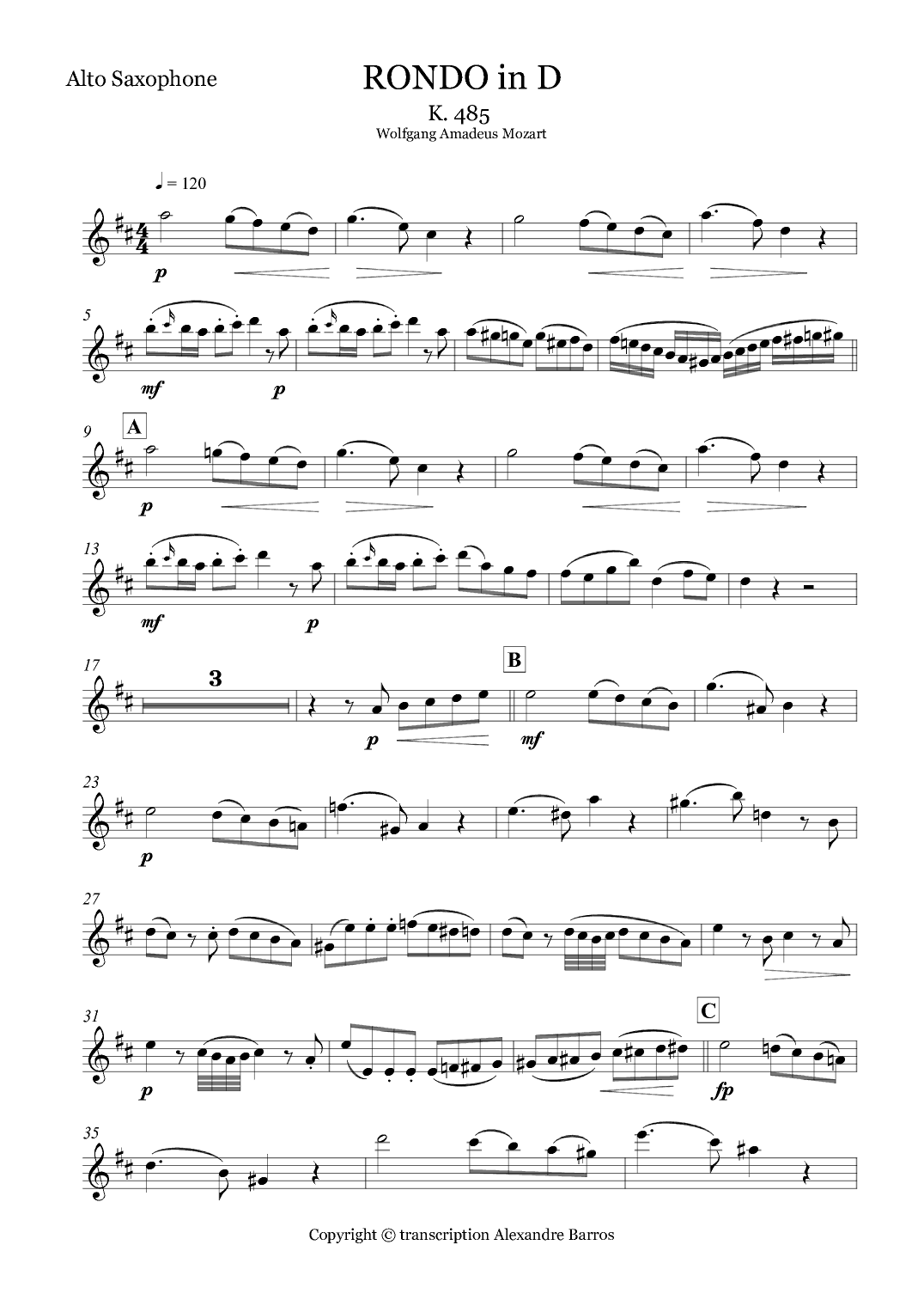 Rondo D, K 485 -  SOLO FOR ALTO SAX - duet for piano and sax (arr. Alexandre Carvalho)