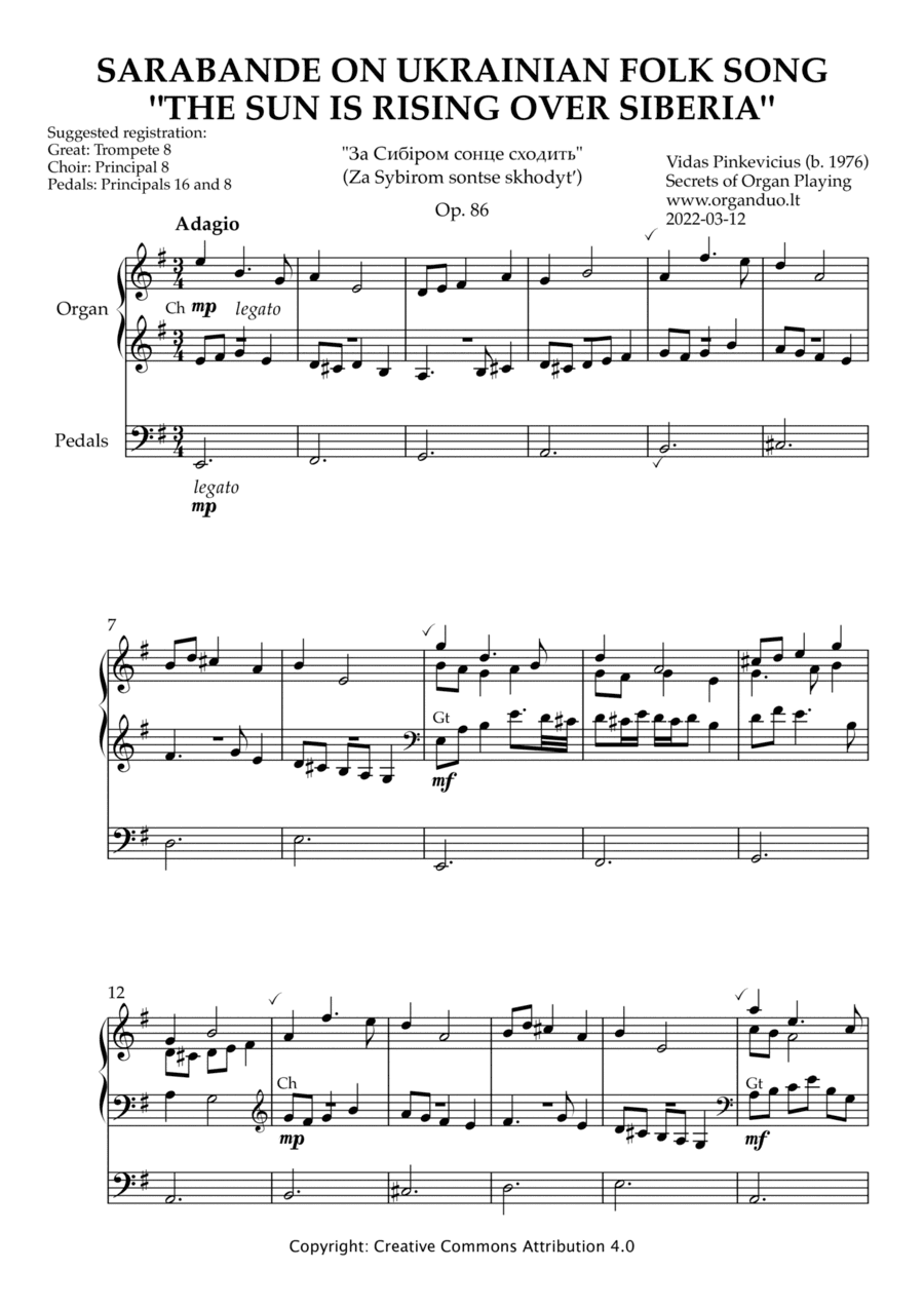 Sarabande on Ukrainian Folk Song "The Sun Is Rising Over Siberia", Op. 86 (Organ Solo)