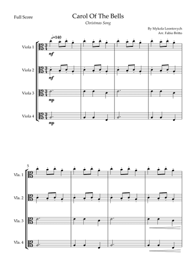 Carol Of The Bells (Christmas Song) for Viola Quartet (arr. Fabio Britto)