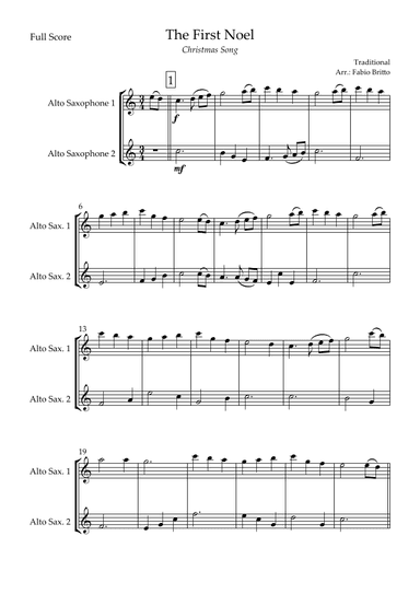 The First Noel (Christmas Song) for Alto Saxophone Duo (arr. Fabio Britto)