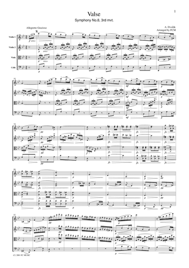 Dvorak  Valse from Symphony No.8, 3rd mvt., for string quartet, CD202 (arr. FCMUSIC)
