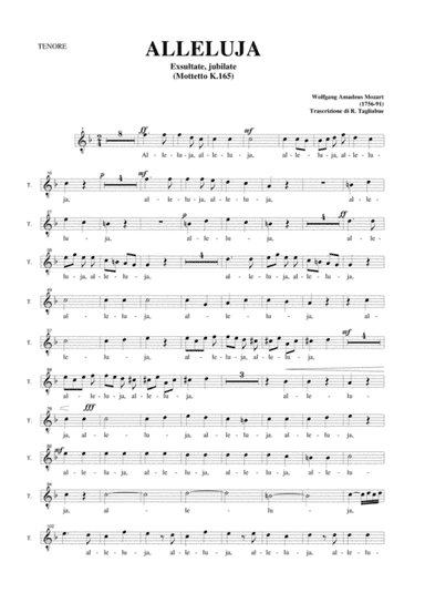ALLELUJA (Exsultate, jubilate K.165) W.A.Mozart - Arr. for SATB Choir and Organ - Part for TENOR (arr. R. Tagliabue)