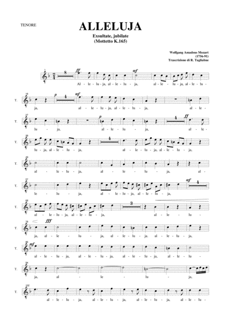 ALLELUJA (Exsultate, jubilate K.165) W.A.Mozart - Arr. for SATB Choir and Organ - Part for TENOR (arr. R. Tagliabue)