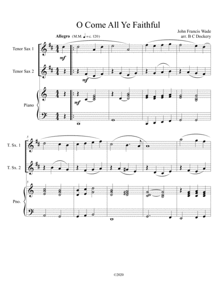 O Come All Ye Faithful (tenor sax duet) with optional piano accompaniment (arr. B C Dockery)