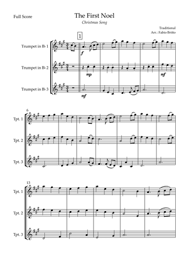 The First Noel (Christmas Song) for Trumpet in Bb Trio (arr. Fabio Britto)