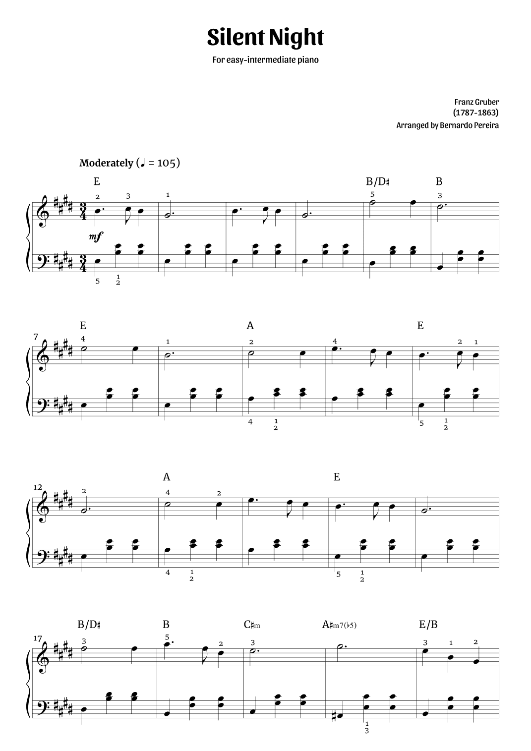 Silent Night (easy-intermediate piano – E major) (arr. Bernardo Pereira)