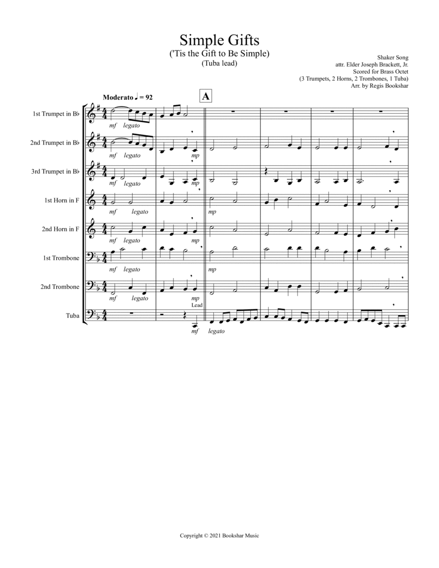 Simple Gifts ('Tis the Gift to Be Simple) (F) (Brass Octet - 3 Trp, 2 Hrn, 2 Trb, 1 Tuba) (Tuba lead (arr. Regis Bookshar)