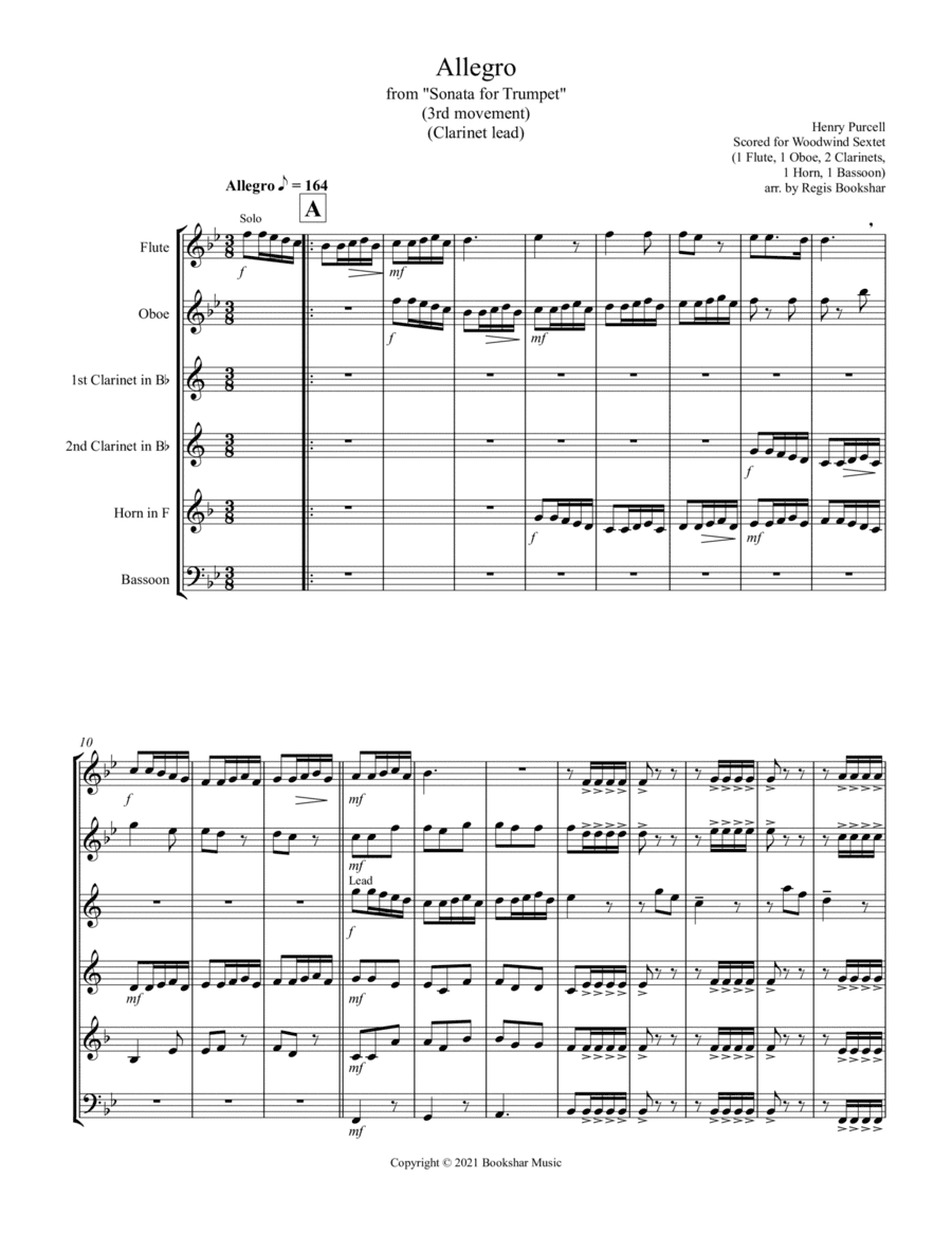 Allegro (from "Sonata for Trumpet") (Bb) (Woodwind Sextet - 1 Flute, 1 Oboe, 2 Clar, 1 Hrn, 1 Bassoo (arr. Regis Bookshar)