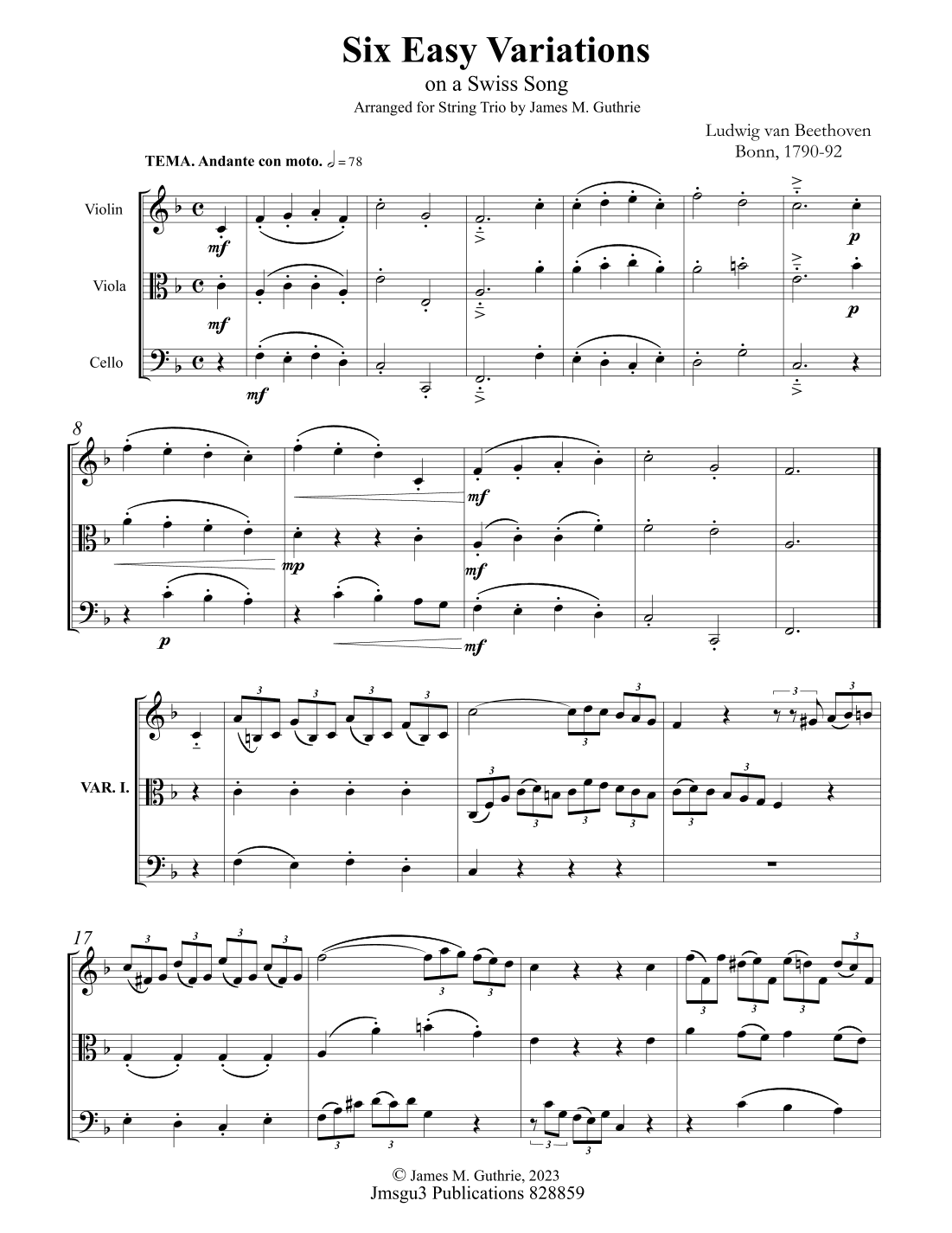 Beethoven: Six Easy Variations on a Swiss Theme WoO 64 for String Trio (arr. James M. Guthrie, ASCAP)