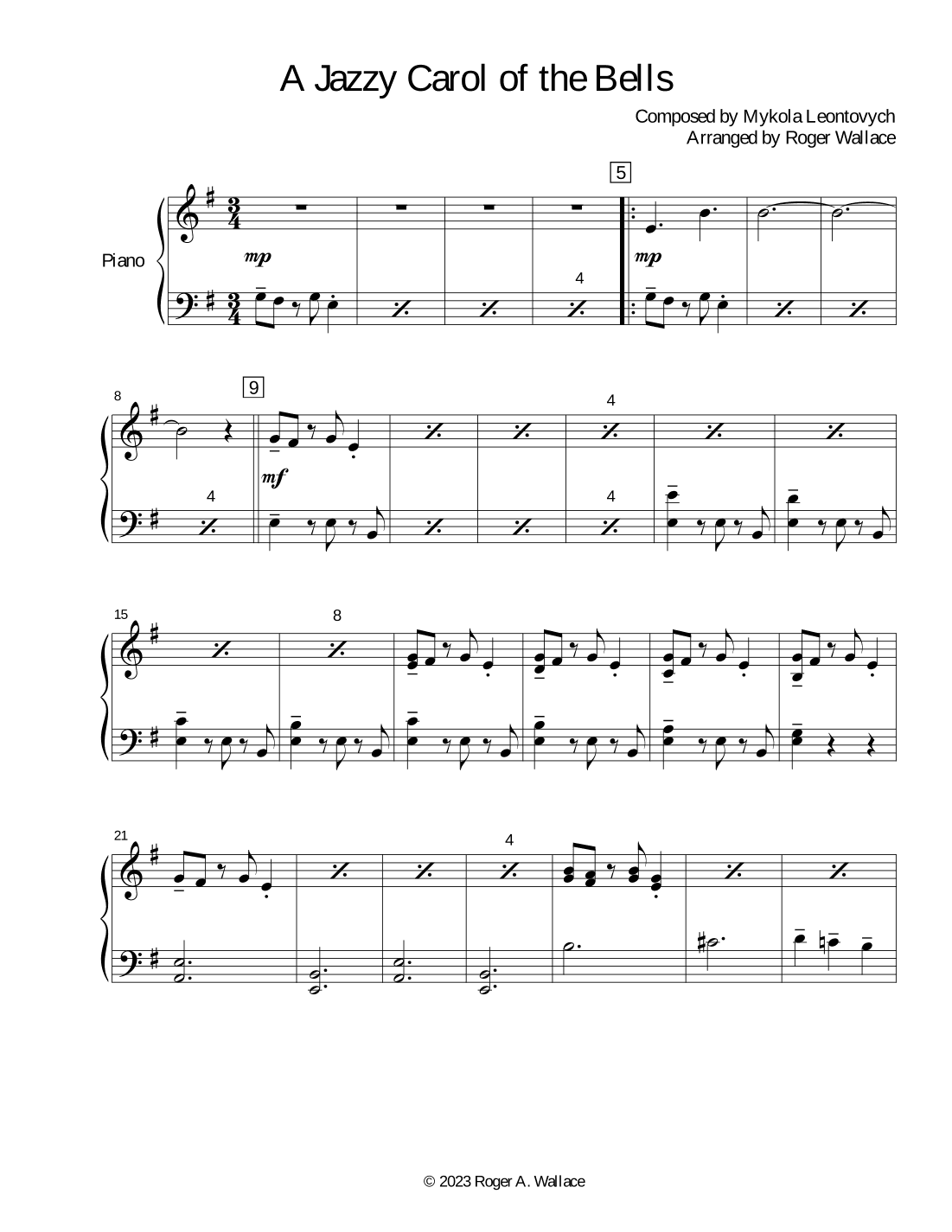 Carol of the Bells (Jazz Waltz for Solo Piano) (arr. Roger Wallace)