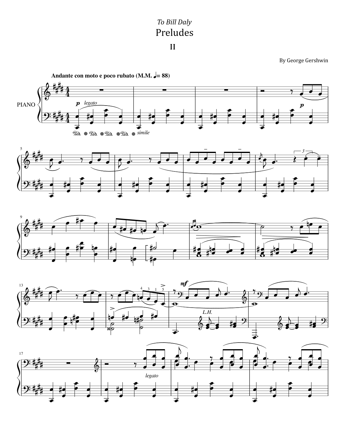 George Gershwin - 3 Preludes - No.2 Andante con moto e poco rubato - For Piano Solo Original (arr. poon)