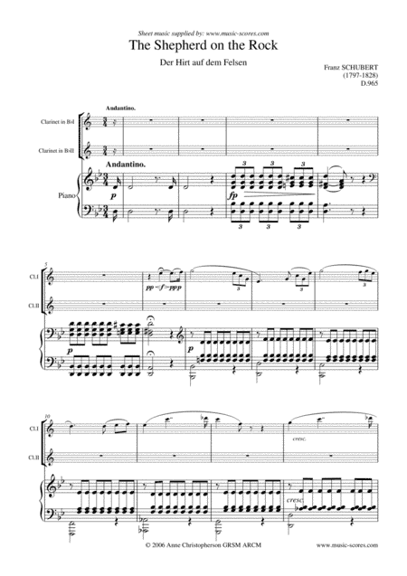 Shepherd on the Rock - 2 Clarinets and Piano (arr. Anne L Christopherson GRSM ARCM)