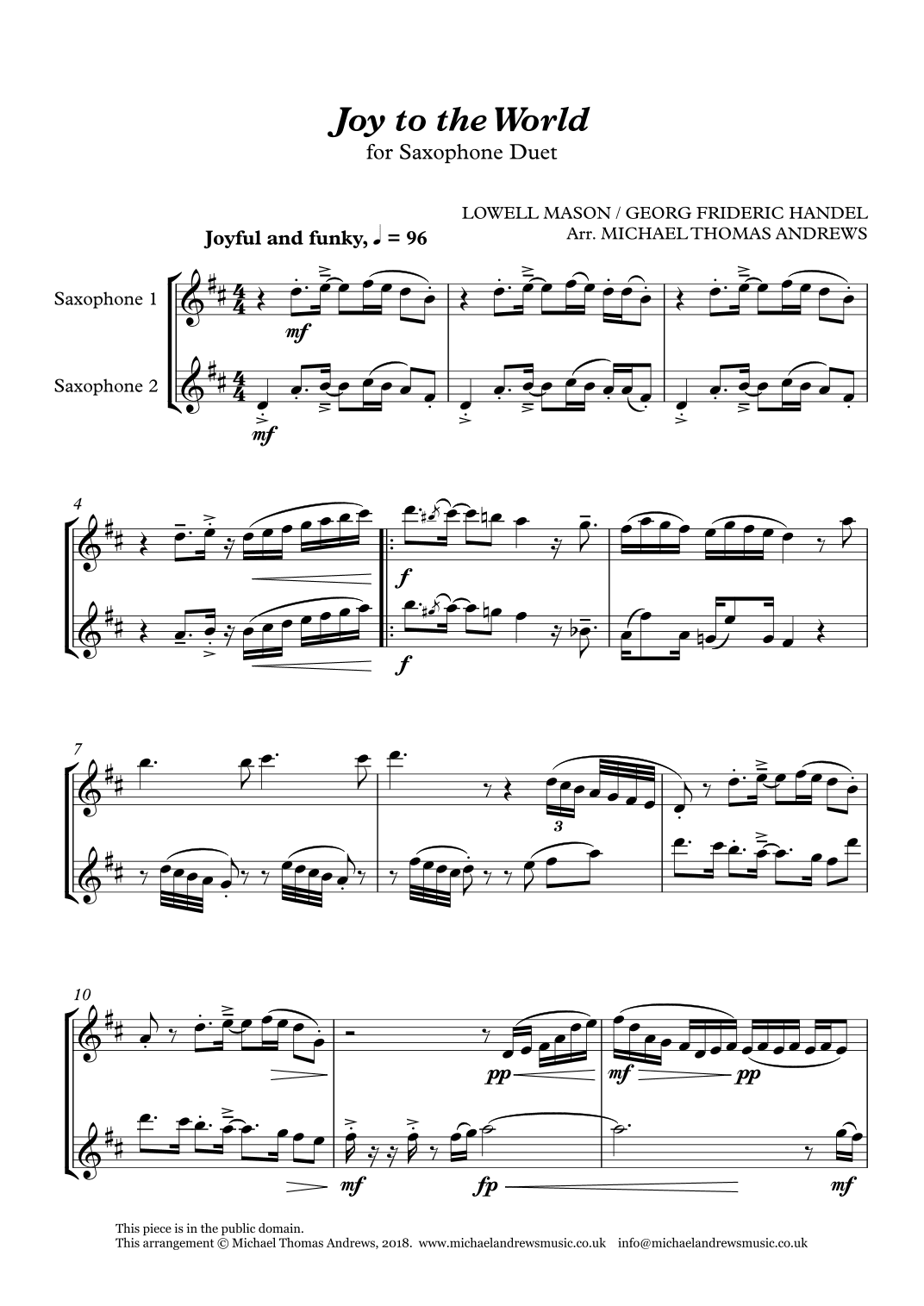 Joy to the World (for Saxophone Duet) (arr. Michael Thomas Andrews)