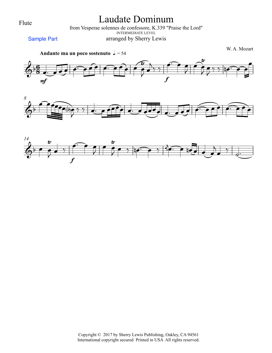Laudate Dominum, Solo Flute, Intermediate Level for flute solo (arr. Sherry Lewis)