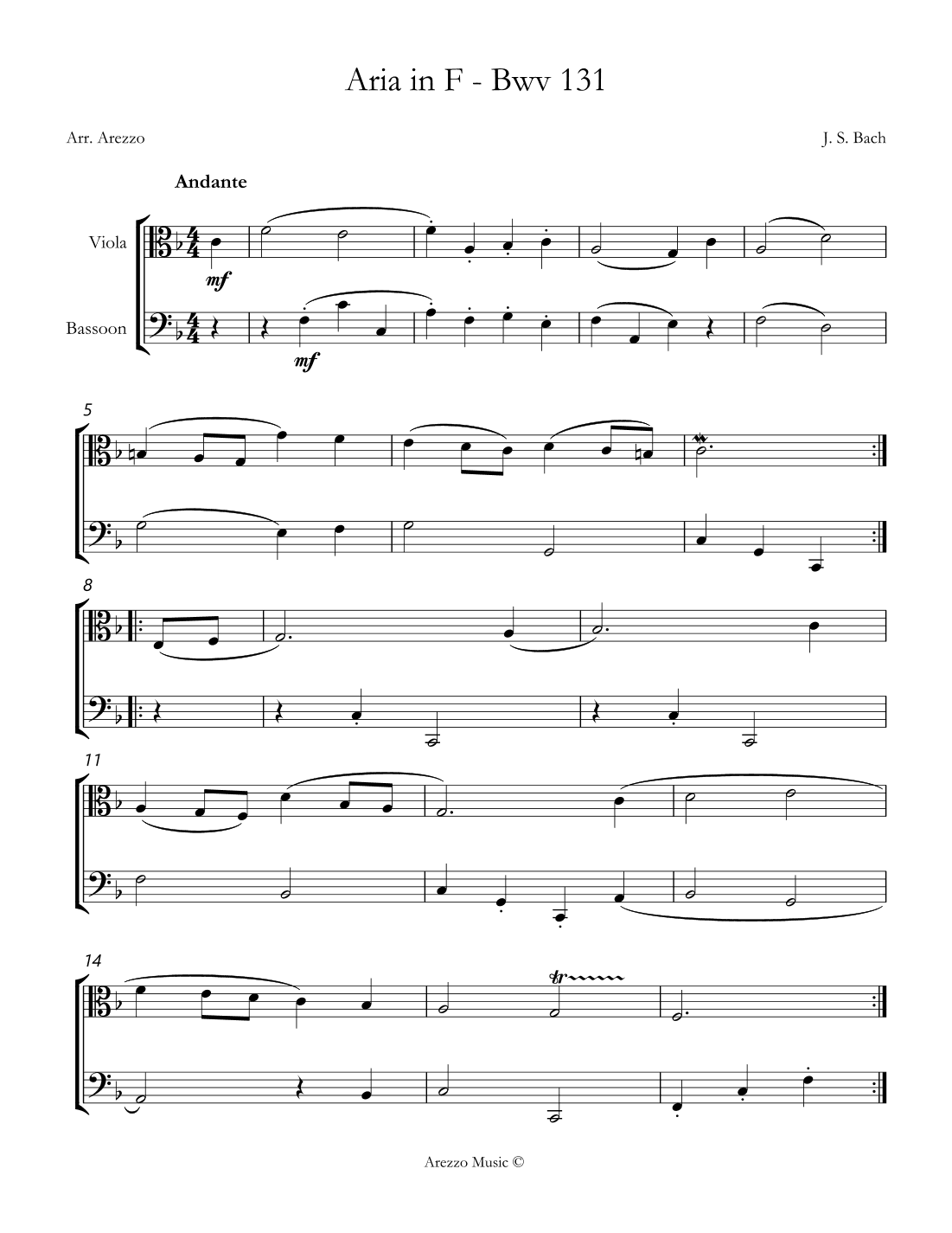 bach bwv anh. 131 gavotte in f major Viola and Bassoon Sheet Music (arr. Arezzo Music)