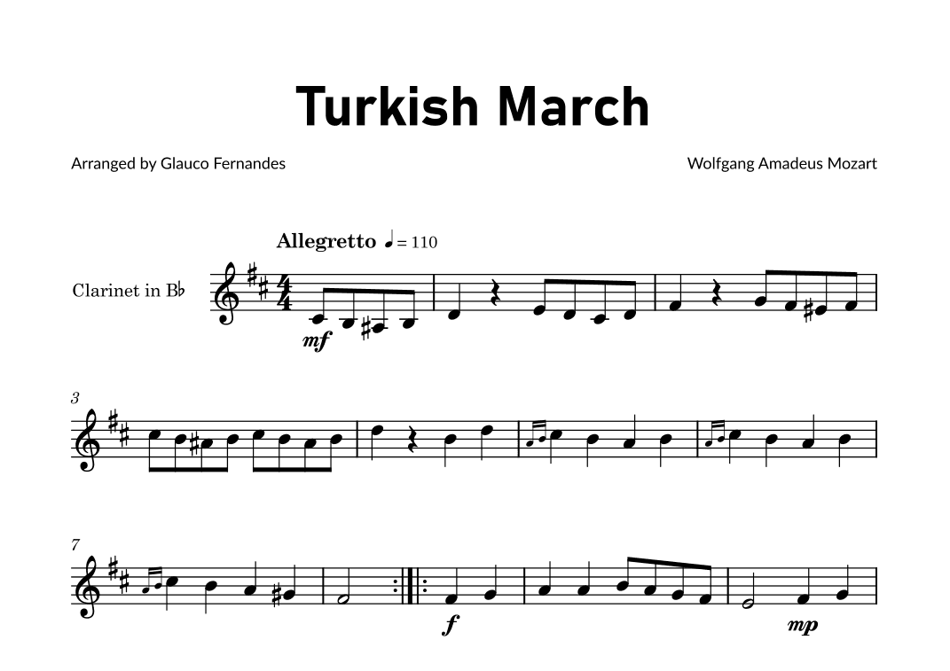 Turkish March by Mozart - Clarinet Solo (arr. Glauco Fernandes)
