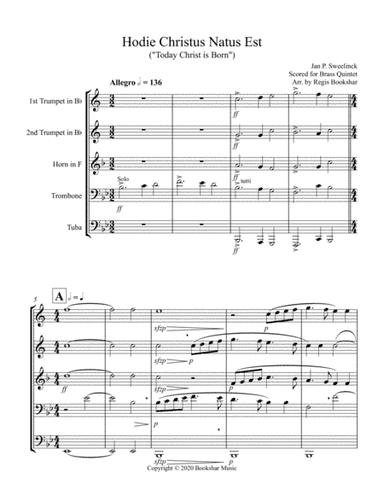 Hodie Christus Natus Est (Brass Quintet - 2 Trp, 1 Hrn, 1 Trb, 1 Tuba) (arr. Regis Bookshar)
