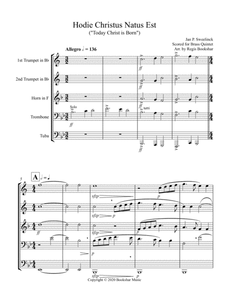 Hodie Christus Natus Est (Brass Quintet - 2 Trp, 1 Hrn, 1 Trb, 1 Tuba) (arr. Regis Bookshar)