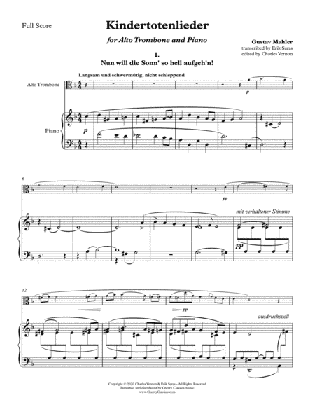 Kindertotenlieder for Alto Trombone and Piano accompaniment (arr. Charles Vernon and Erik Saras)