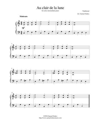 Au clair de la lune - for early intermediate piano (arr. Samuel Stokes)