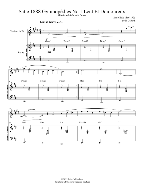 Satie 1888 Gymnopédies No 1 Lent Clarinet Solo (arr. R G Roth)