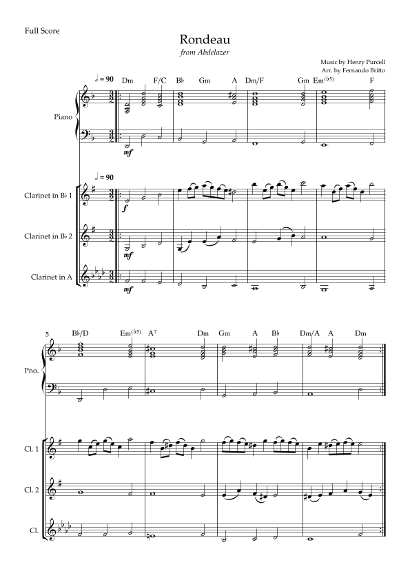 Rondeau (from Abdelazer) for Clarinet Trio and Piano Accompaniment with Chords (arr. Fernando Britto)