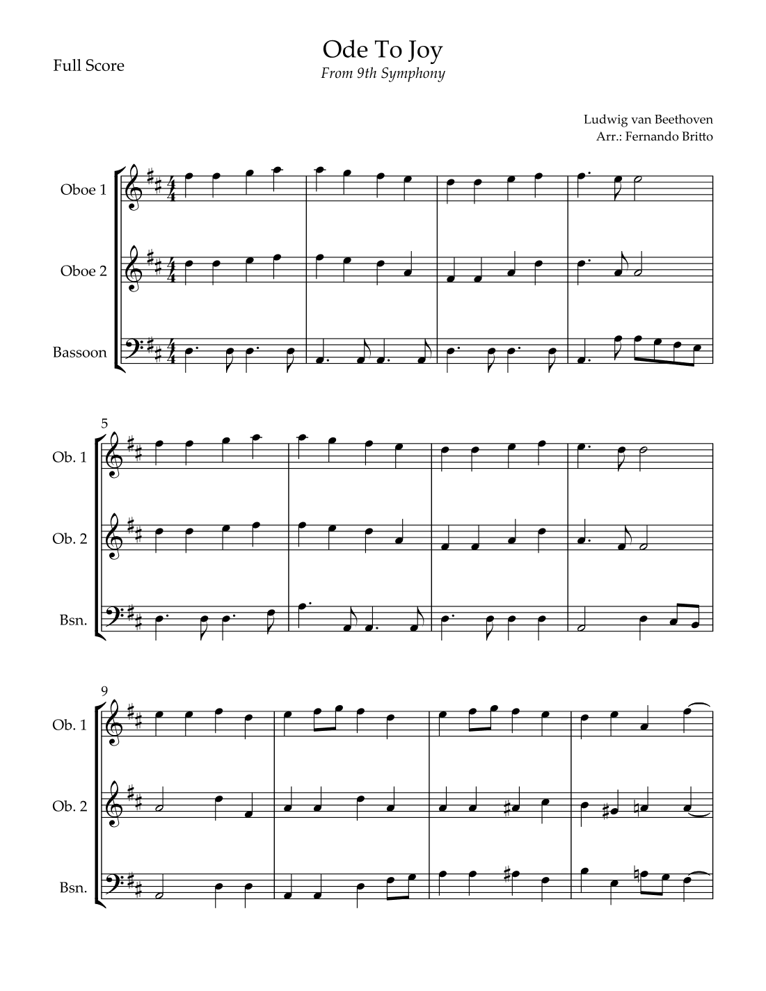 Ode To Joy Theme (from Beethoven's 9th Symphony) for Woodwind Trio (arr. Fernando Britto)